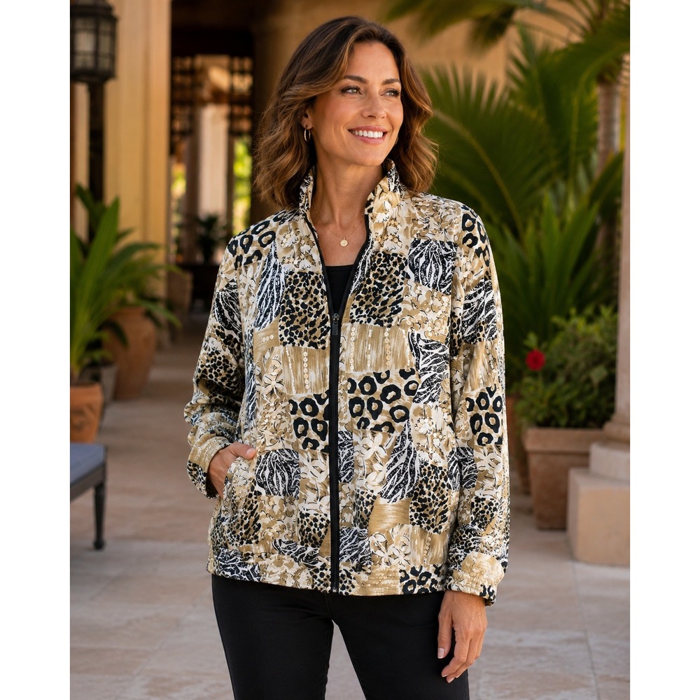 Joyce Animal Print Zip Front Lightweight Jacket S 10 Safari Leopard Zebra Floral